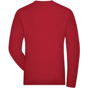 A red long-sleeve T-shirt with a round neckline and a plain back. Includes a logo.