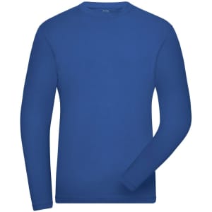 A blue long-sleeve T-shirt with a crew neck and a logo on the label.