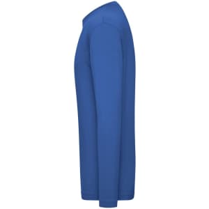 A blue long-sleeve shirt with a fitted design, featuring a logo on the side.