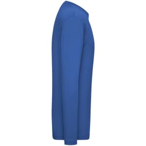 A blue long-sleeve t-shirt featured from the side, with a smooth finish and a logo on the sleeve.