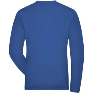A blue long-sleeve men's t-shirt featuring a solid design and branding on the label.
