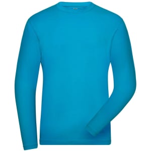 A long-sleeved t-shirt in bright blue featuring a simple design and a logo. It has a comfortable stretch material.