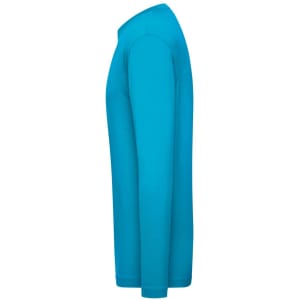 A blue long-sleeved shirt with a fitted design, featuring a logo on the side.