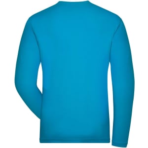 A long-sleeve t-shirt in bright blue with a plain back design and branding.