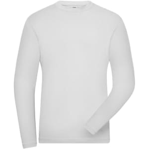 A long-sleeved white men's t-shirt with a logo on the front. Made from stretch fabric.