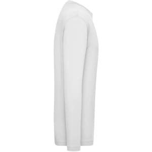 A long-sleeve white t-shirt featuring a logo, designed for men's casual wear.