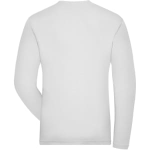 A white long-sleeved shirt with a fitted design and a small logo on the back.