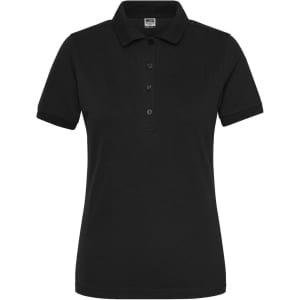 A black ladies' polo shirt featuring a collar and button placket, with a logo on the chest area.