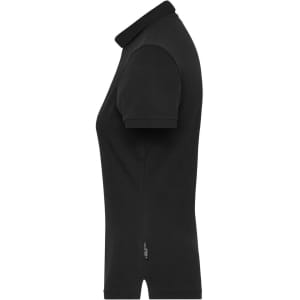 A black ladies' BIO stretch polo shirt featuring a classic design and short sleeves, with a logo on the side.