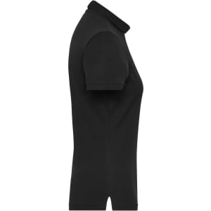A black ladies' polo shirt with a classic collar and short sleeves, featuring a logo.