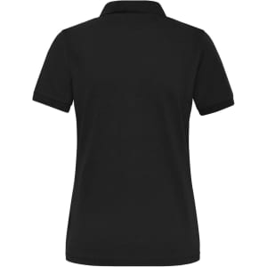 A black ladies' polo shirt with a collar and short sleeves, featuring a logo on the back.