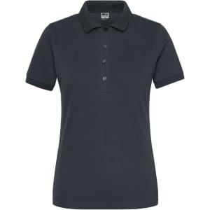 A dark grey ladies' polo shirt featuring a classic collar and button placket, with a logo on the chest.