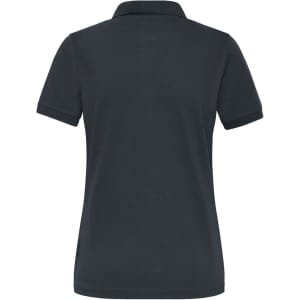 A navy blue ladies' polo shirt with short sleeves and a classic collar, featuring a back view. It has a branding logo.