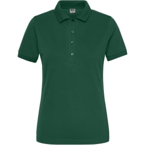 A green ladies' BIO stretch polo shirt featuring a classic collar and button placket, with a logo on it.