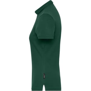 A green ladies' polo shirt with a classic collar and short sleeves, featuring a logo on the side.