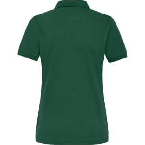 A green ladies' polo shirt with a collar and short sleeves, featuring a logo on the back.