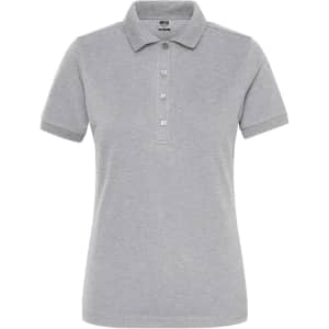 A grey ladies' polo shirt with short sleeves and a collar, featuring buttons and a logo.