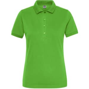 A vibrant green ladies' BIO stretch polo shirt with a classic collar and button placket, featuring a logo.