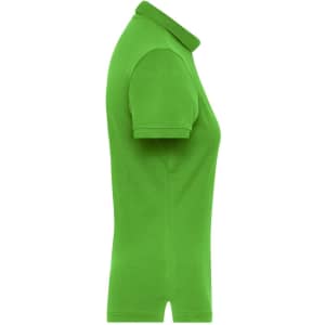 A green ladies' polo shirt with a classic collar and short sleeves, featuring a branded logo.