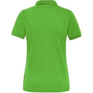 A green ladies' polo shirt with a classic collar and short sleeves, featuring a logo on the back.