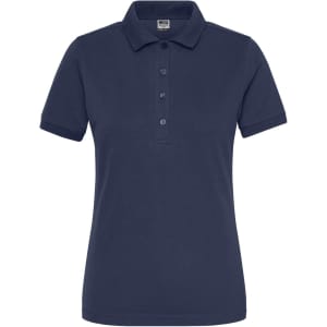 A navy polo shirt for ladies featuring a classic collar, short sleeves, and a buttoned placket. Includes a logo.