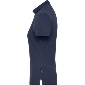 A ladies' polo shirt in navy blue, featuring a classic collar and short sleeves. It has a logo on the side.