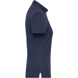 A navy ladies polo shirt with a classic collar and short sleeves, featuring a logo on the side.