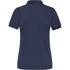A navy blue ladies' polo shirt featuring a classic collar and short sleeves, with a logo on the front.
