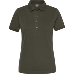 A dark olive green ladies polo shirt with a collar and three button placket. It features a small branding logo.