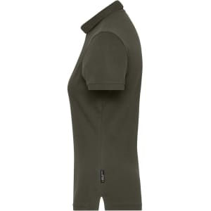 A ladies' olive green BIO stretch polo shirt featuring a classic collar and short sleeves, with a logo on the side.