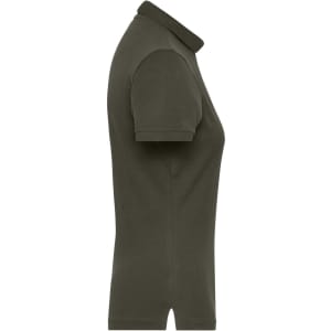 A ladies olive green BIO stretch polo shirt with a classic collar and short sleeves, featuring a logo.
