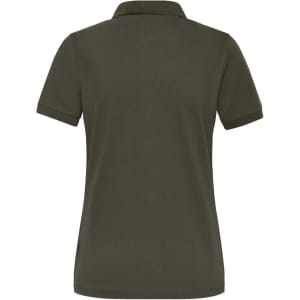 A khaki ladies’ BIO stretch polo shirt featuring a classic short-sleeve design and a collar. It has a logo.
