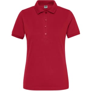 A red ladies' polo shirt featuring a collar, short sleeves, and button placket, with a logo on the front.