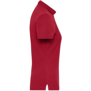 A red ladies' polo shirt with a classic collar and short sleeves, featuring a logo.