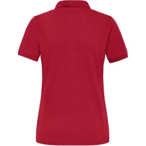 A red ladies polo shirt featuring a classic collar, short sleeves, and a logo on the back.
