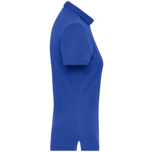 A ladies' blue BIO stretch polo shirt with a classic collar and short sleeves, featuring a logo.