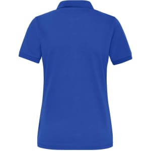 A blue ladies polo shirt with a classic collar and short sleeves, featuring a logo on the back.