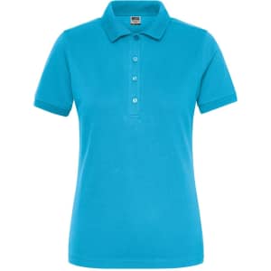A ladies' polo shirt in vibrant blue, featuring a collar and buttons, with a branded logo.