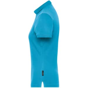 A turquoise polo shirt with a collar and short sleeves, featuring a small logo on the side.