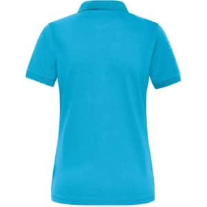 A turquoise ladies' polo shirt featuring a classic collar and short sleeves, with a logo on the back.