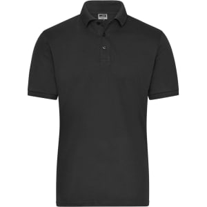A black men's polo shirt with short sleeves and a collar, featuring a logo on the chest.