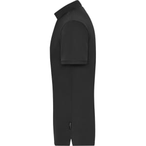 A black men's polo shirt with short sleeves and a side slit, featuring a logo.