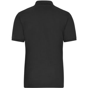 A black men's polo shirt with short sleeves and a collar, featuring a logo on the back.