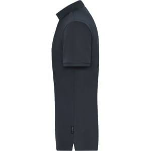 A dark blue men's polo shirt with a collar and short sleeves, featuring a logo.