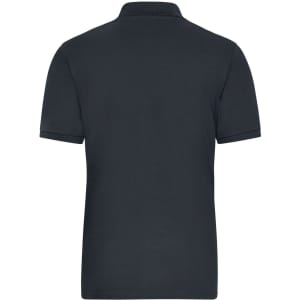 A men's polo shirt in dark navy with short sleeves and a collar, featuring a branding logo.