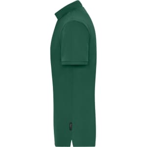A green men's BIO stretch polo shirt featuring a collar and a side view design. It includes a branding logo.