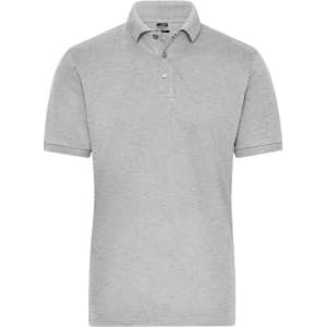 A grey men's polo shirt featuring a classic collar and short sleeves, with a logo on the chest.