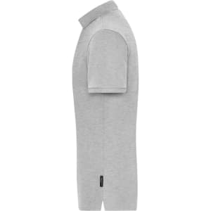 A grey men's polo shirt with short sleeves, featuring a collar and a logo on the side.