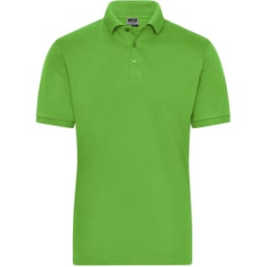 A vibrant green men's polo shirt with a classic collar and a logo on the chest.