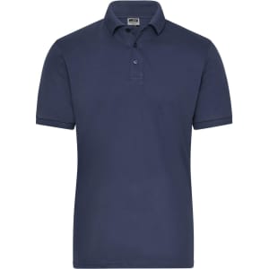 A navy blue men's polo shirt featuring short sleeves and a collar. The shirt includes a logo.